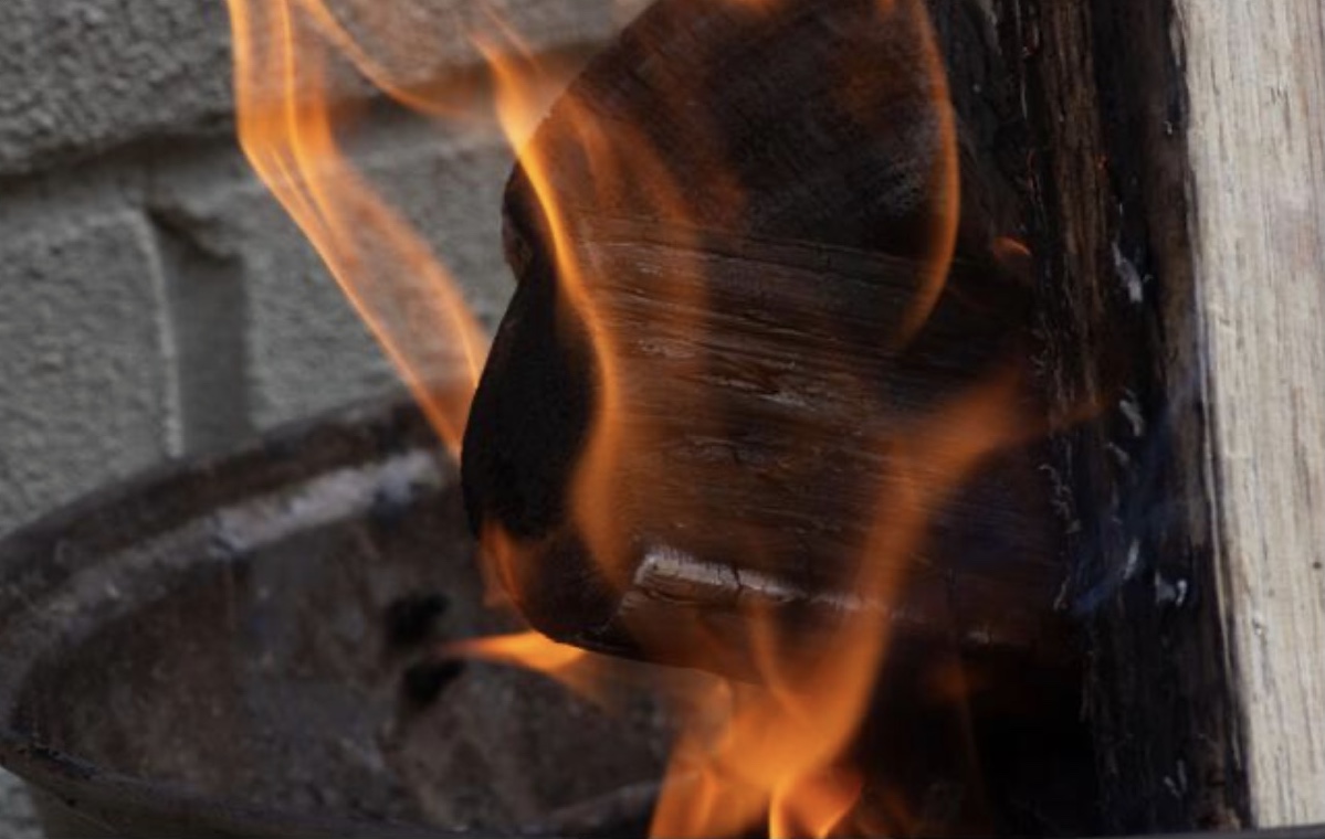A close-up of a burning log with flame licking up its charred edge