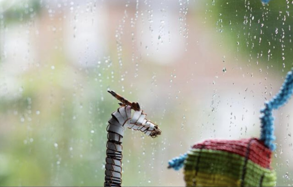 A macro shot of a wire dragonfly ornament against a rain-streaked window